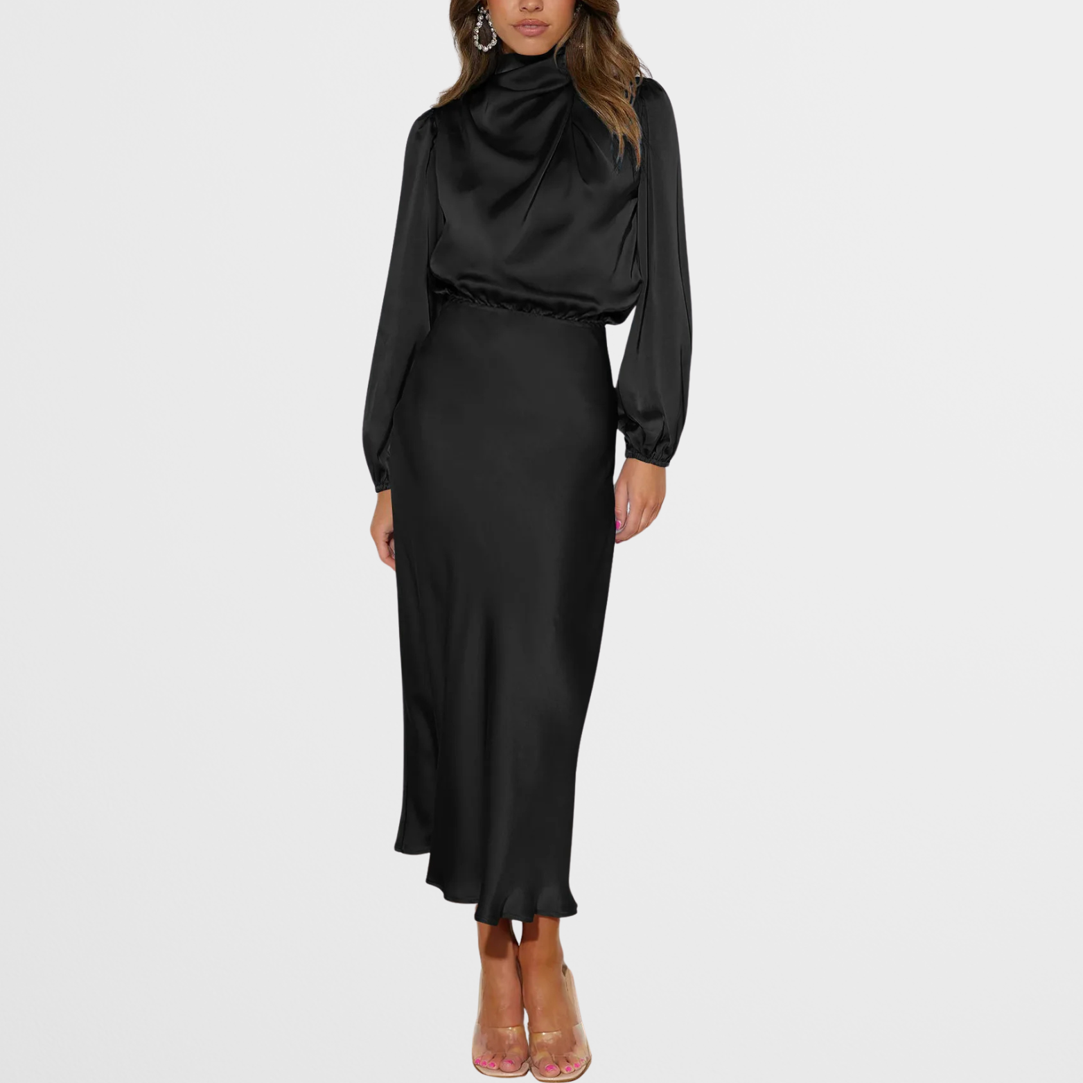 Elegant Midi Kjole med Høj Hals & Lange Ærmer i Satinlook | Perfekt til Festlige Lejligheder 5
