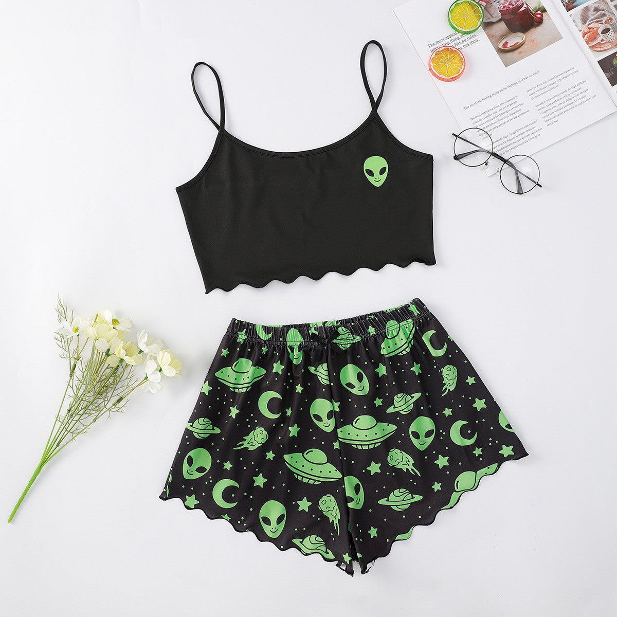 Halloween Pyjamas Dame Sæt – Græskar Print Nattøj med Cami og Shorts