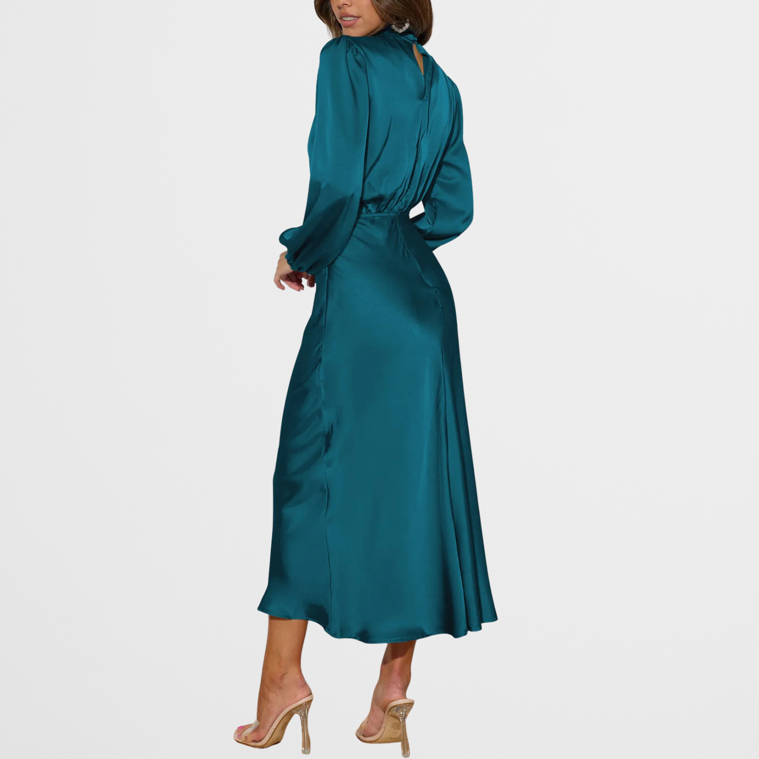 Elegant Midi Kjole med Høj Hals & Lange Ærmer i Satinlook | Perfekt til Festlige Lejligheder 15