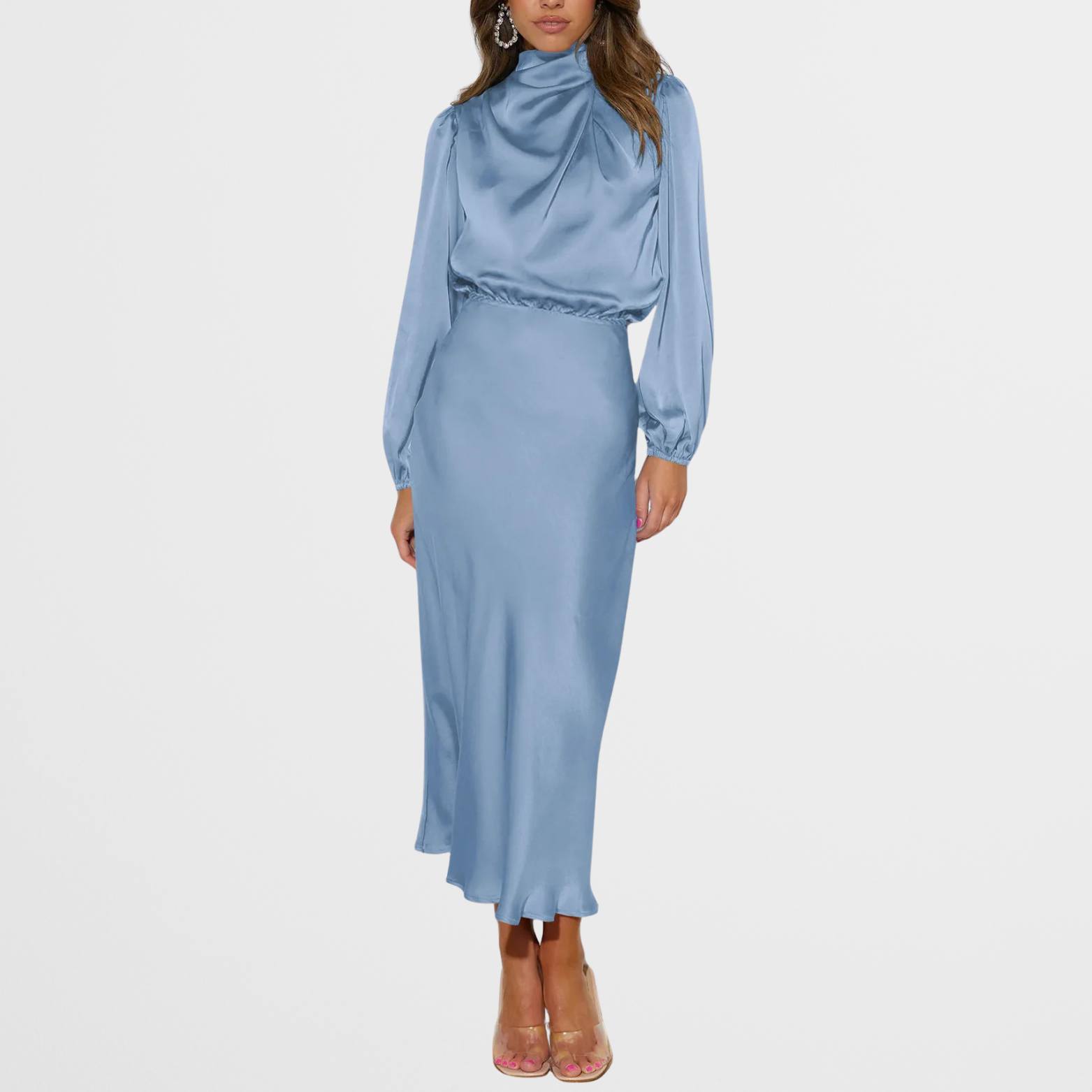 Elegant Midi Kjole med Høj Hals & Lange Ærmer i Satinlook | Perfekt til Festlige Lejligheder 11