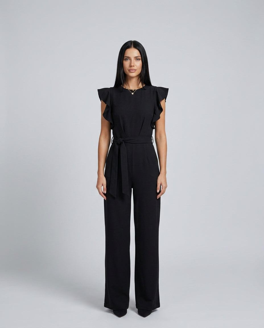 Ruffle Sleeve Jumpsuit Women – Straight Leg Tie Belt Jumpsuit