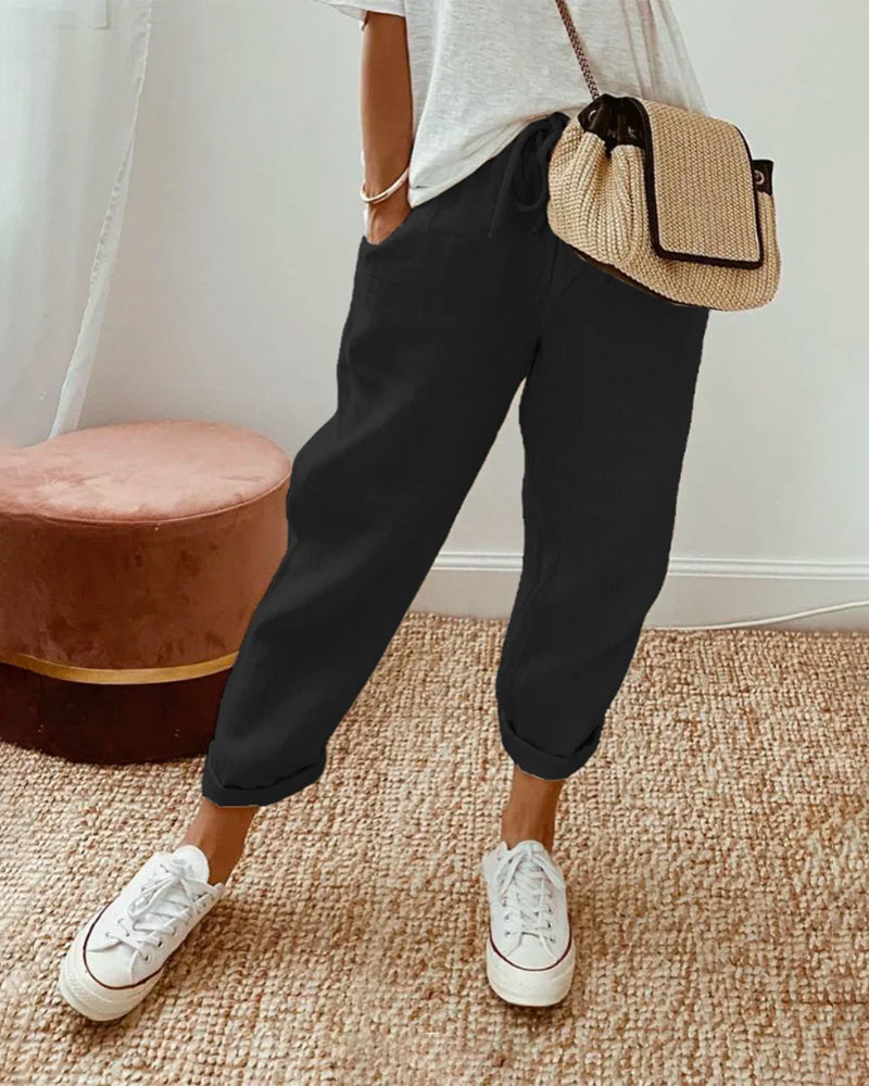 Linen Trousers Women – Elastic Waist Relaxed Pants