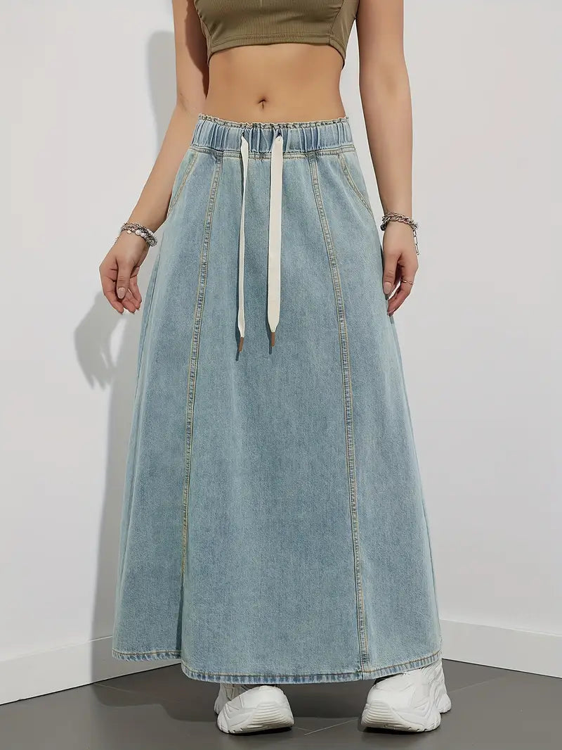 Stilfuld Denim Maxi Nederdel til Dame med Elastisk Talje | Komfortabel Hverdagslook 3