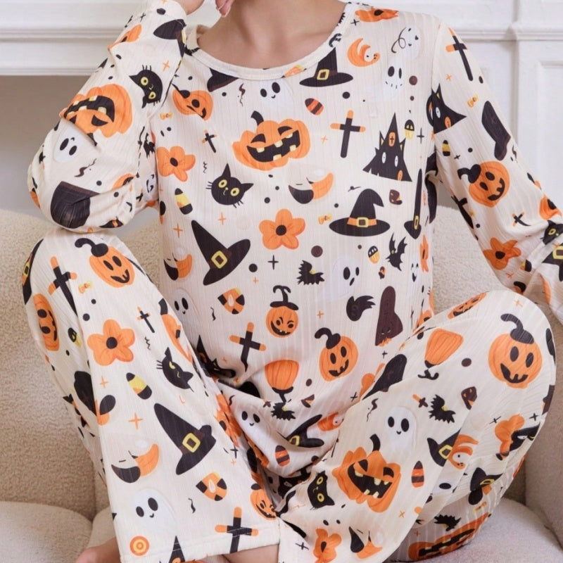 Halloween Pyjamas Dame Sæt – Langærmet Nattøj med Græskar og Spøgelser