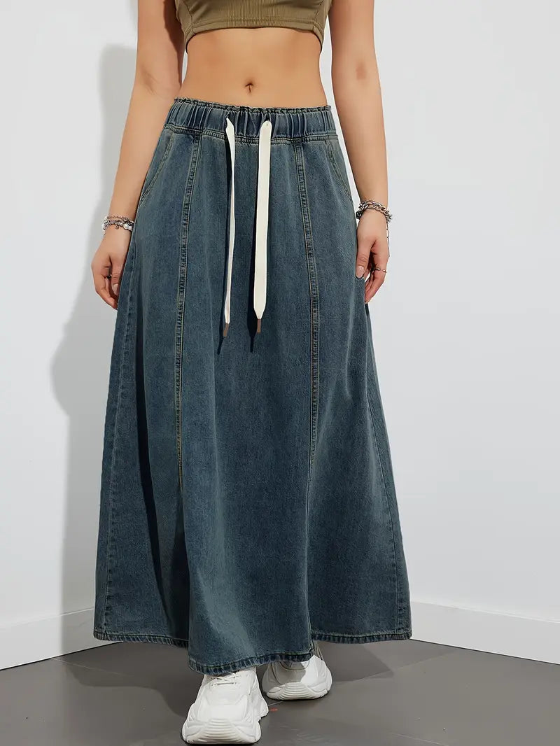 Stilfuld Denim Maxi Nederdel til Dame med Elastisk Talje | Komfortabel Hverdagslook 6
