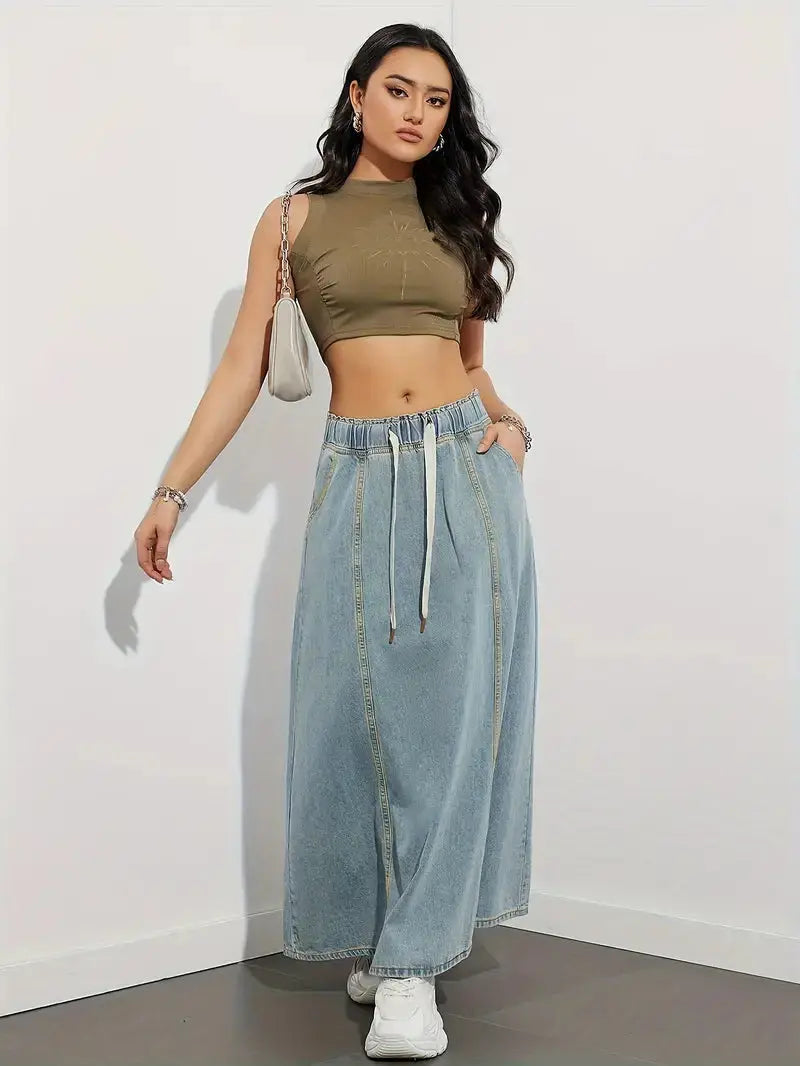 Stilfuld Denim Maxi Nederdel til Dame med Elastisk Talje | Komfortabel Hverdagslook 5