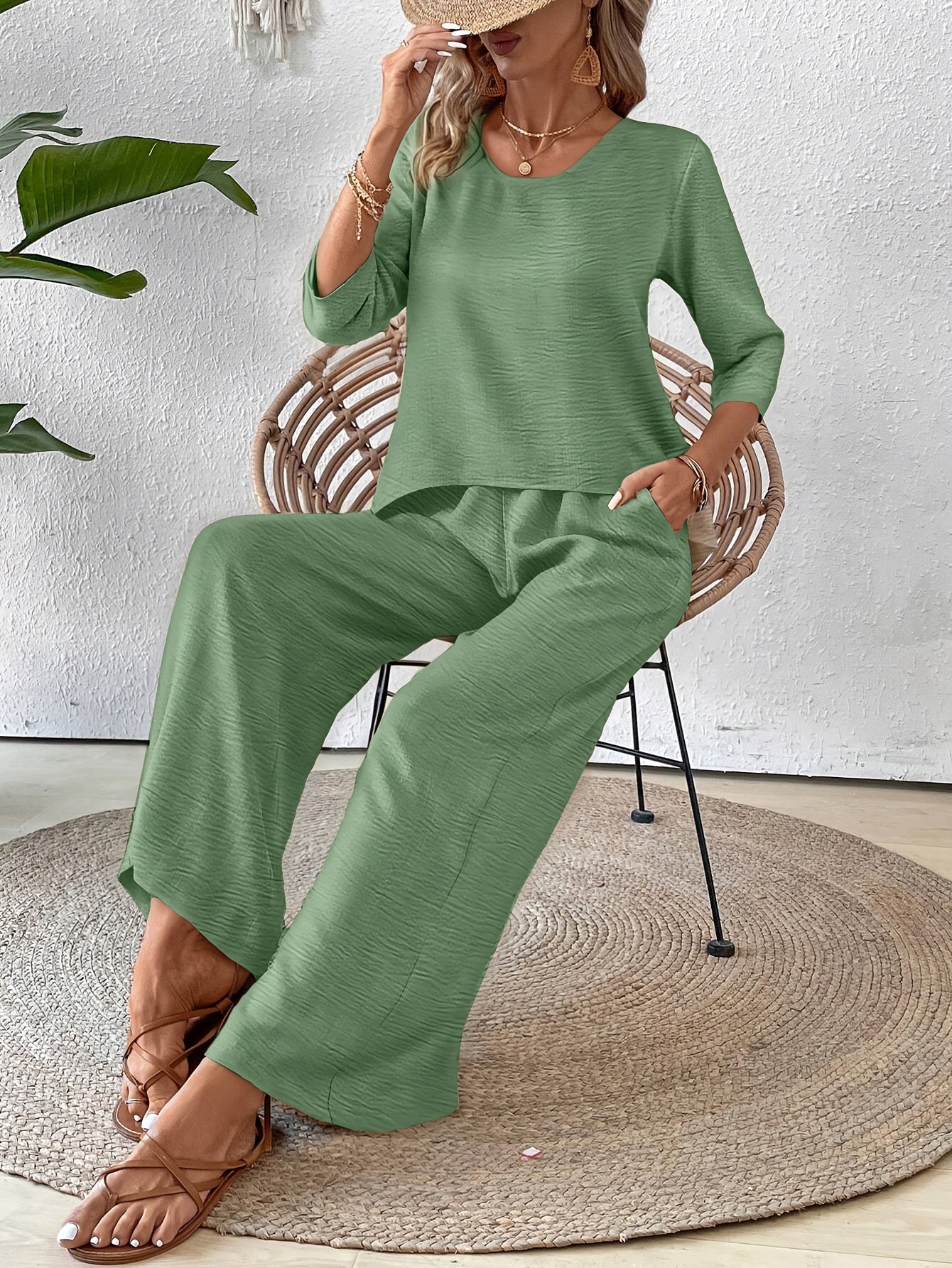 Two-Piece Set Women – 3/4 Sleeve Top & Wide-Leg Pants Vacation Set