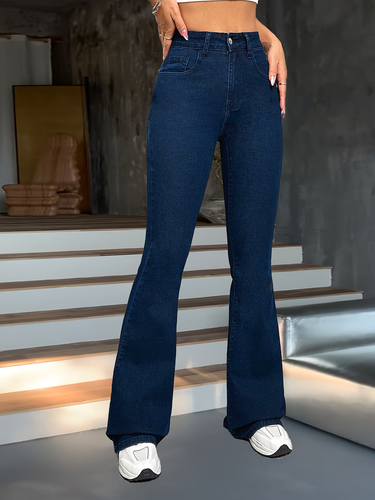 Flared Jeans Dame – Højtaljede Bootcut Denim Bukser i Blå