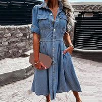 Vera Denimkjole Dame – A-Linje Kjole med Knapper & Talje