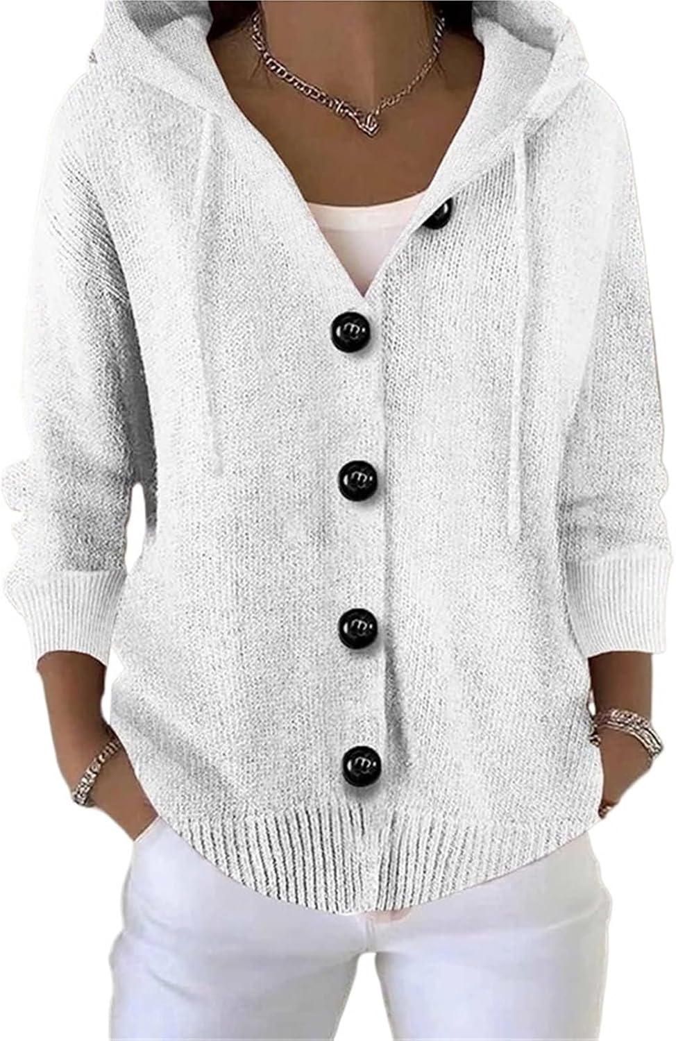 Women's Oversized Hooded Cardigan, Chunky Cable Knit Button Sweater Jacket, Cream Winter