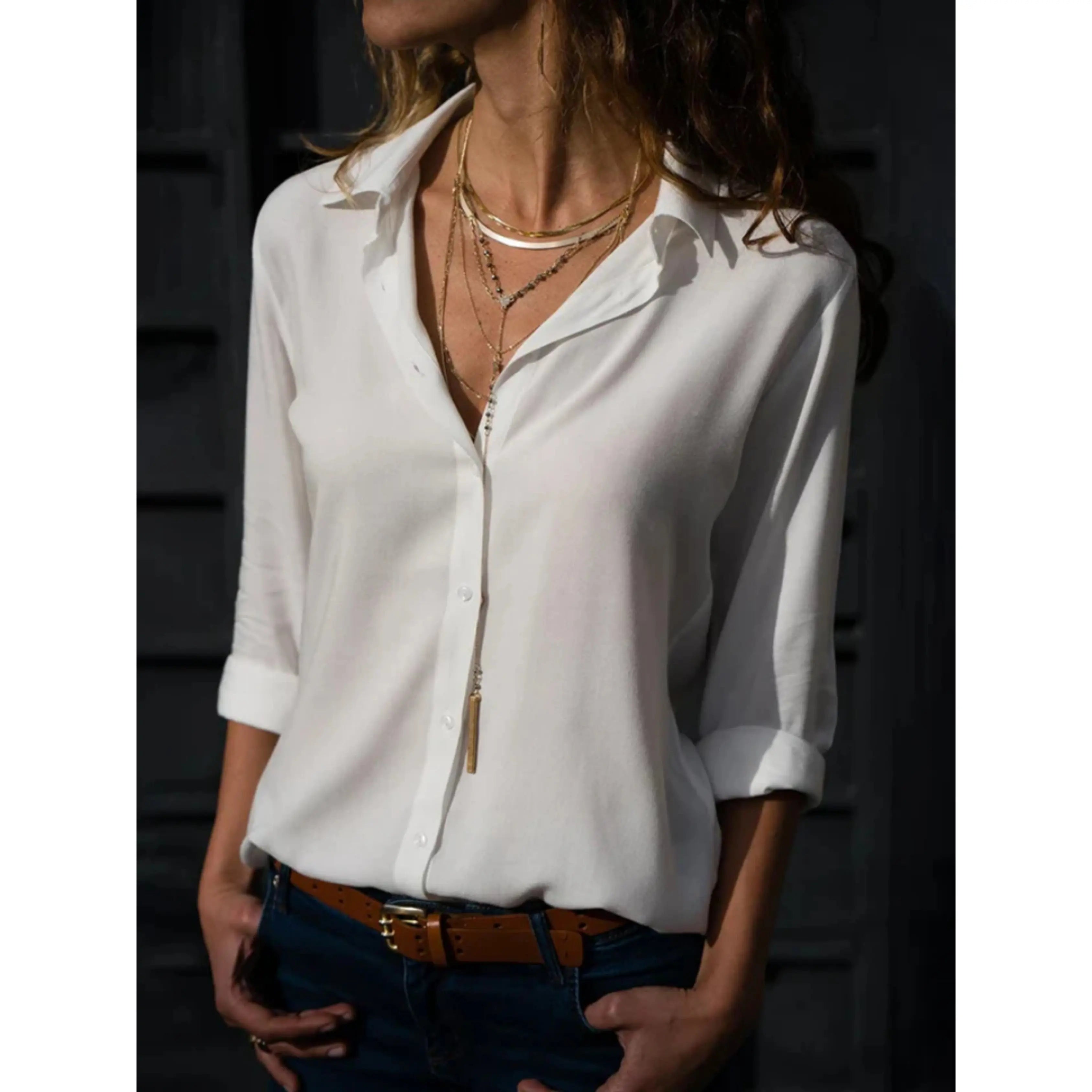 Lise Bluse Dame Chiffon – Reverskrave Knaplukning Relaxed Kontor Panorla