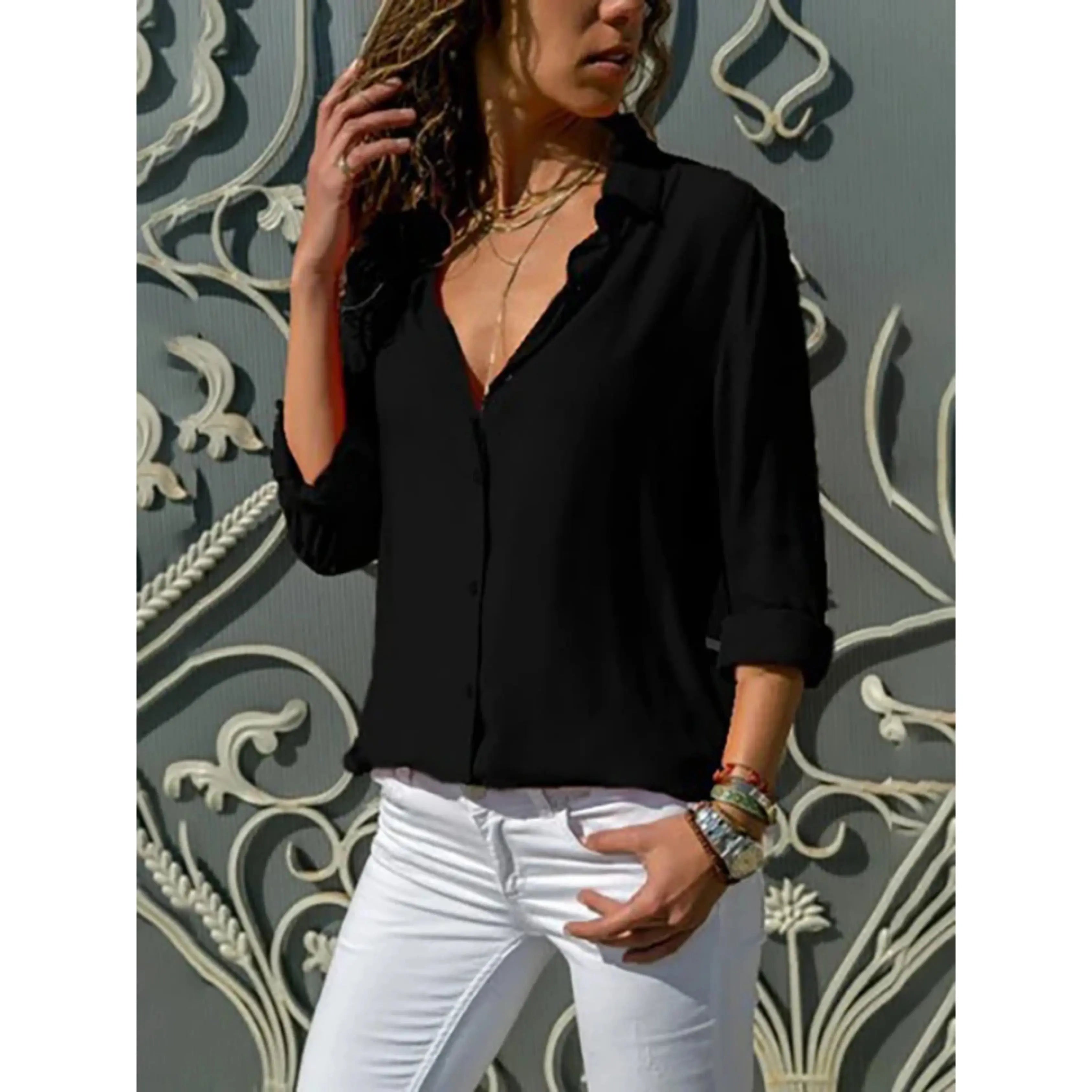Lise Bluse Dame Chiffon – Reverskrave Knaplukning Relaxed Kontor Panorla