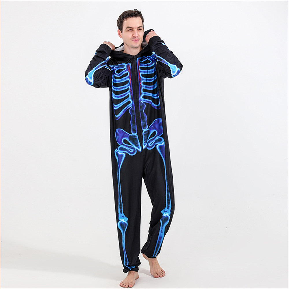 Halloween Onesie Unisex – Sort Skelet Jumpsuit i Ét Stykke