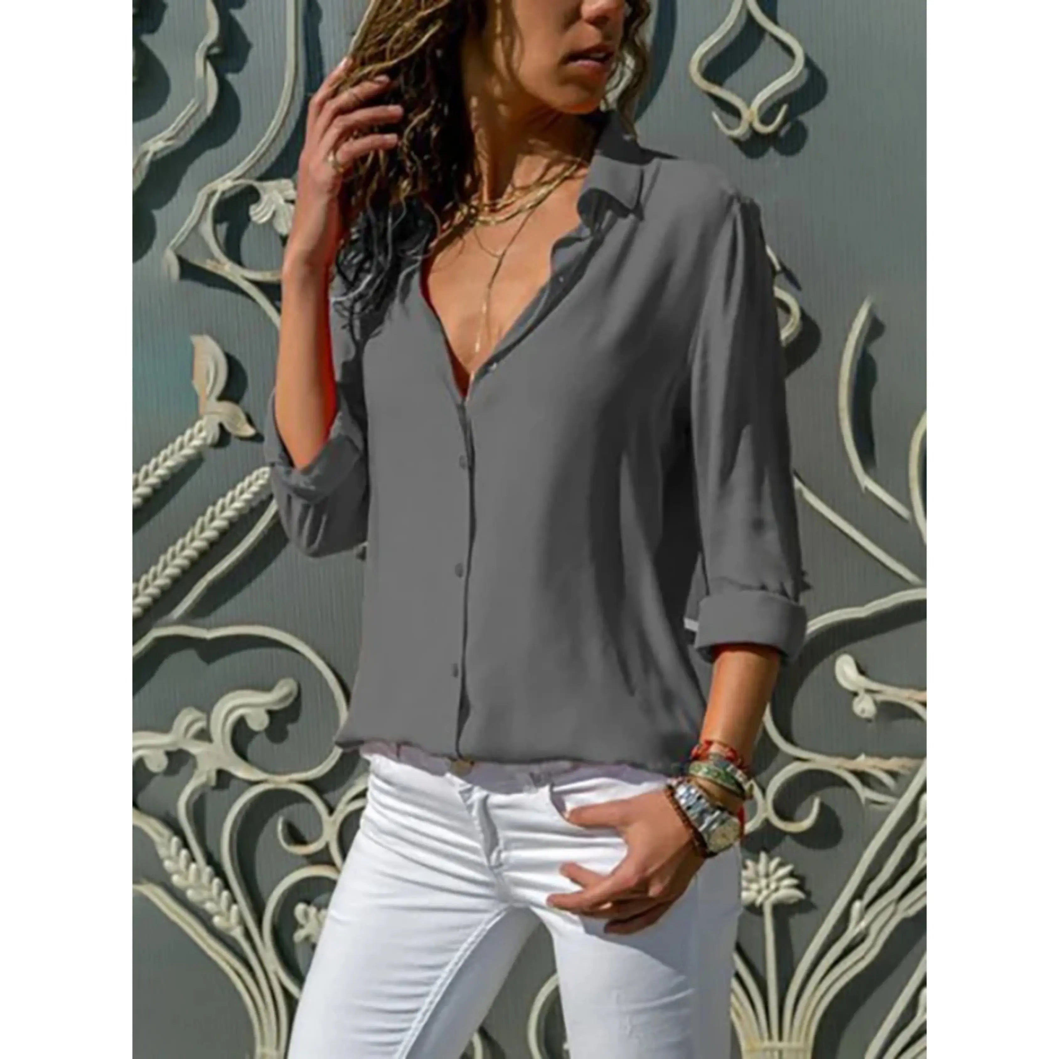 Lise Bluse Dame Chiffon – Reverskrave Knaplukning Relaxed Kontor Panorla