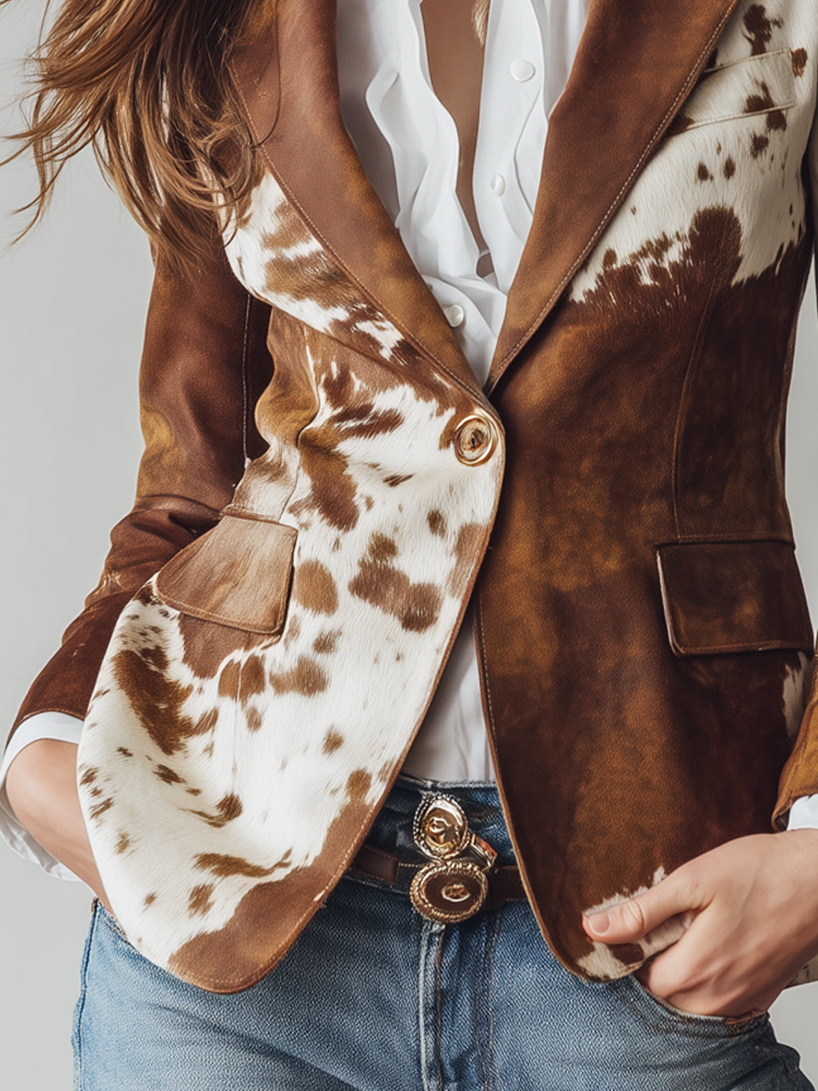 Cow Print Blazer Women – Structured Single-Breasted Jacket