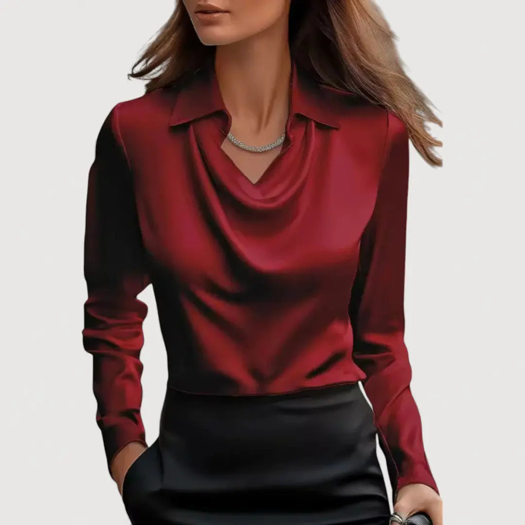 Sofie Satin Bluse | Elegant Bluse med Draperet Hals og Løs Pasform | Komfortabel Top til Arbejde og Fest 2