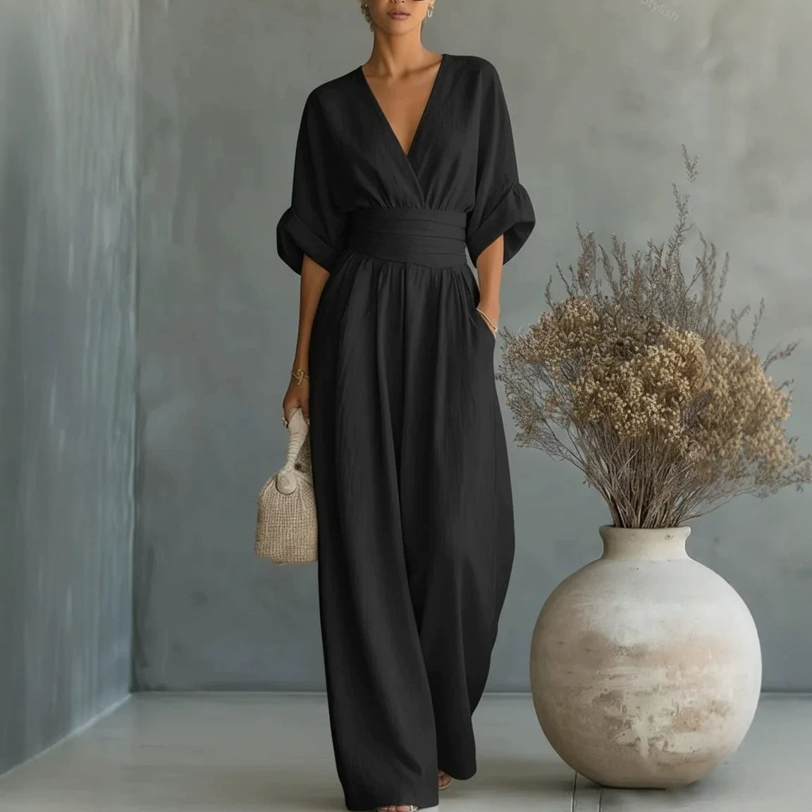 Wide-Leg Jumpsuit Women – V-Neck Cinched Waist Linen-Look Jumpsuit