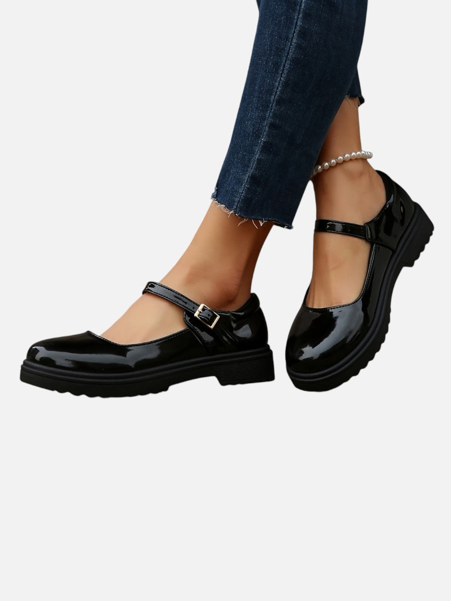 Mary Jane Loafers Women – Glossy Black Flats with Strap