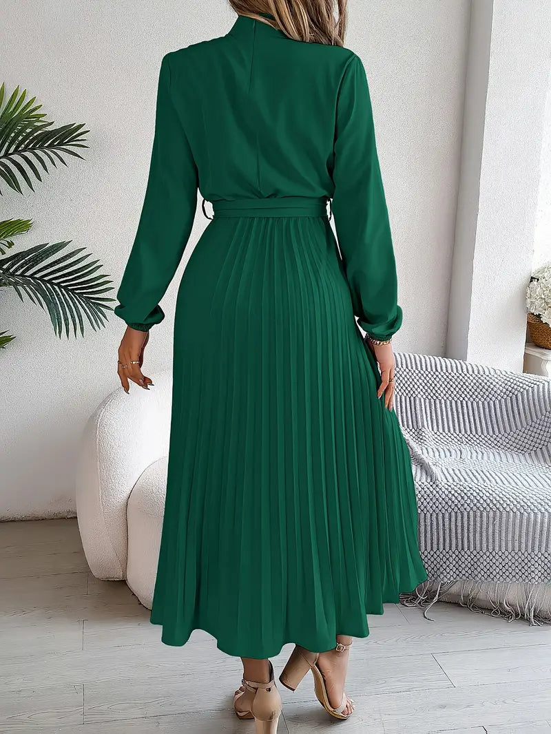 Plisseret Midi Kjole Dame med Bælte i Taljen | Elegant Design til Arbejde og Fest 4