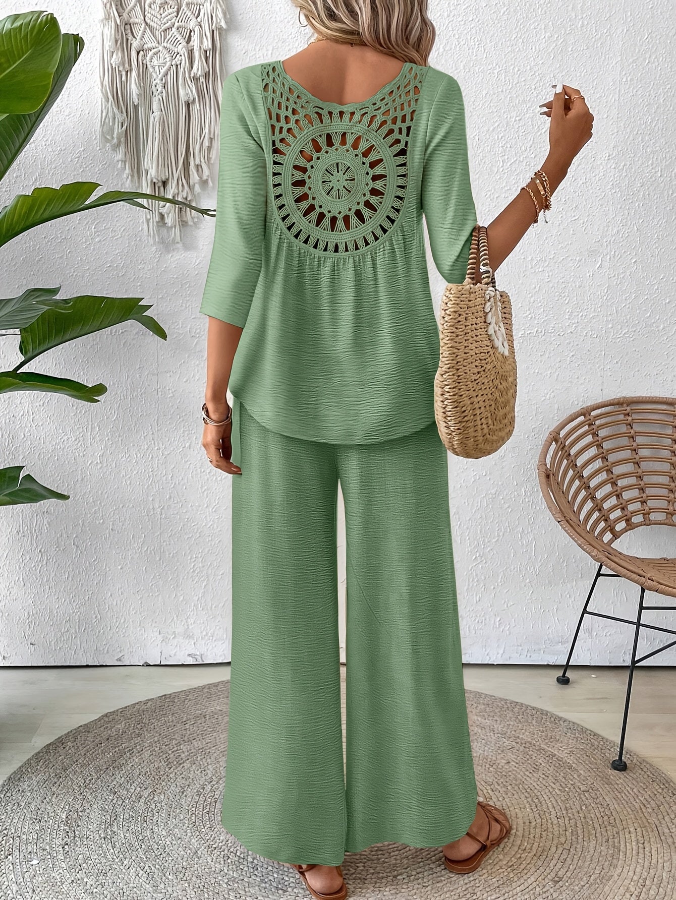 Two-Piece Set Women – 3/4 Sleeve Top & Wide-Leg Pants Vacation Set