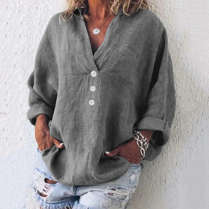 Tove Oversized Hørbluse Dame – V-hals med Knapper og Brystlomme Panorla