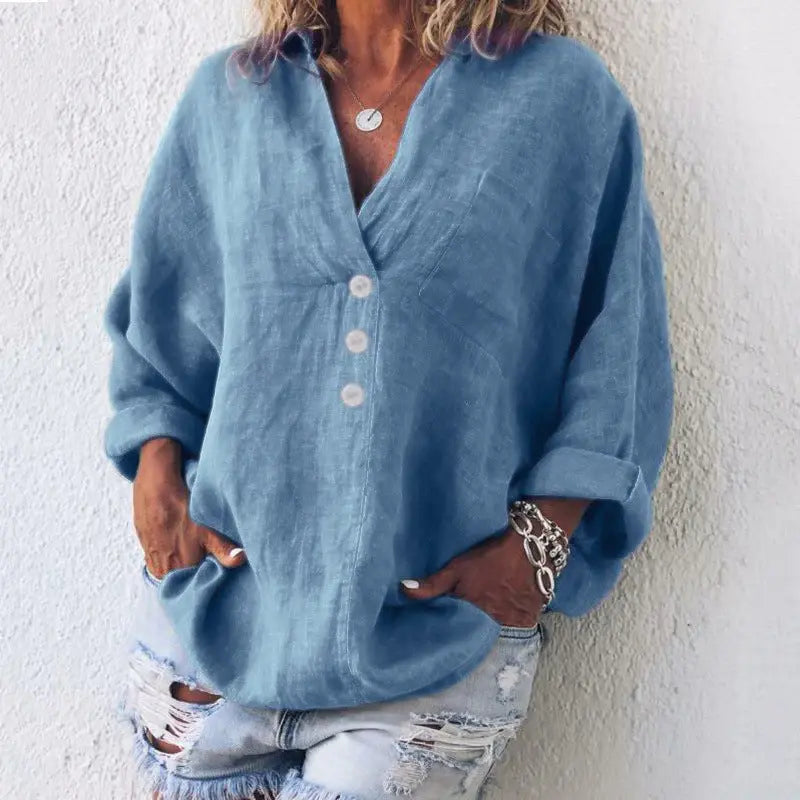 Tove Oversized Hørbluse Dame – V-hals med Knapper og Brystlomme Panorla