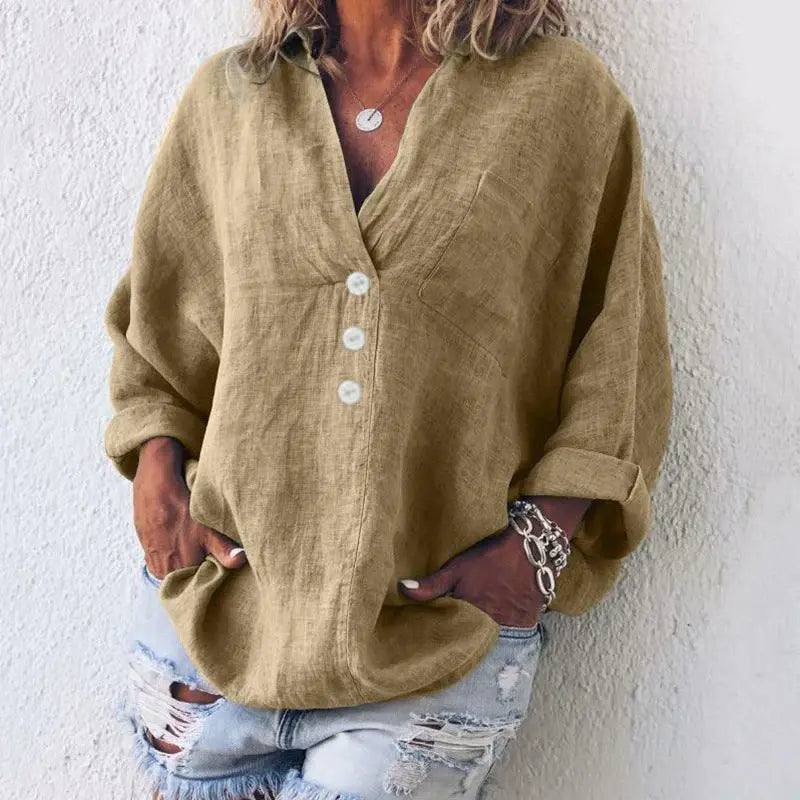 Tove Oversized Hørbluse Dame – V-hals med Knapper og Brystlomme Panorla
