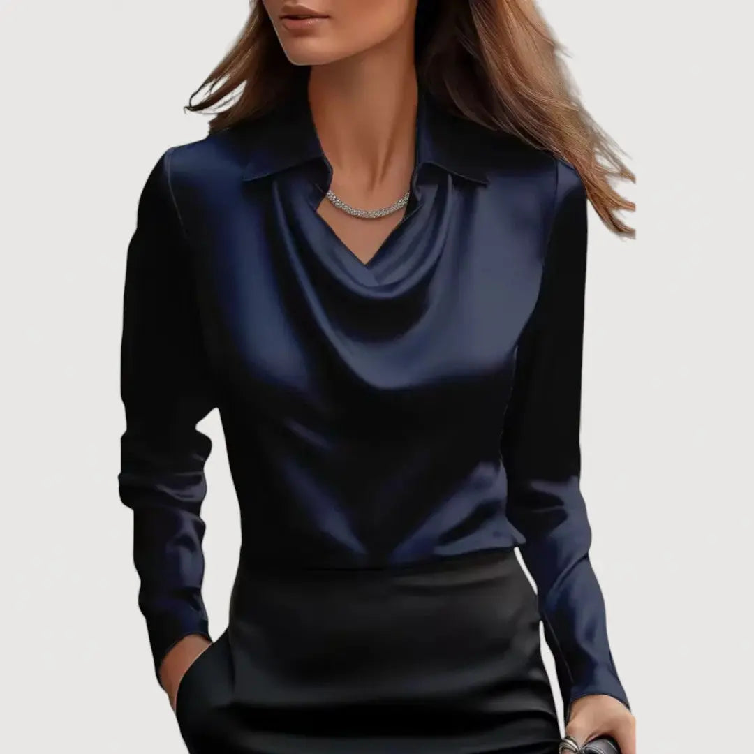Sofie Satin Bluse | Elegant Bluse med Draperet Hals og Løs Pasform | Komfortabel Top til Arbejde og Fest 1