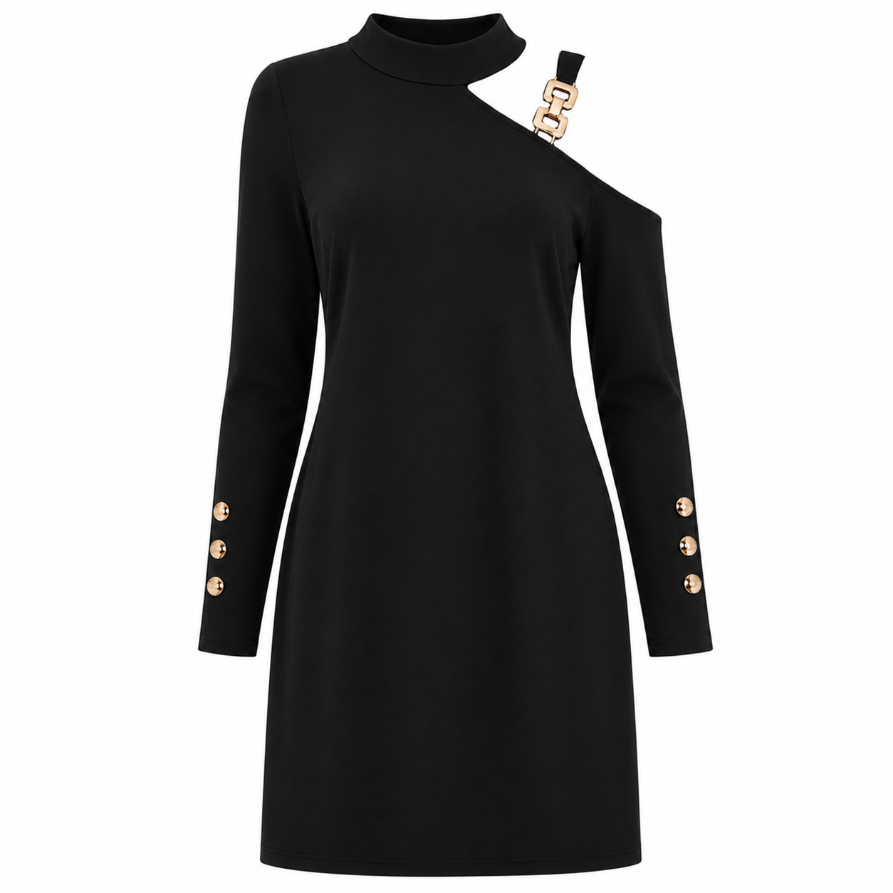 Sukienka Midi Cold Shoulder Damska – Długi Rękaw z Klamrą