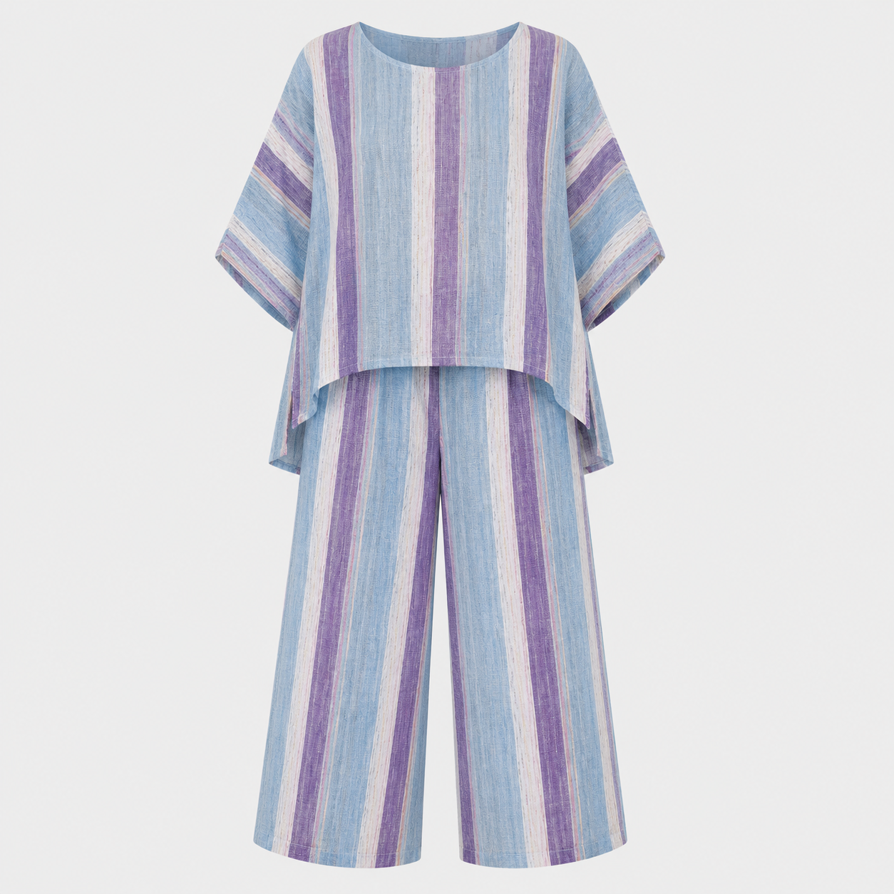 Striped Linen Two Piece Set Women – Batwing Top & Wide-Leg Pants, Blue