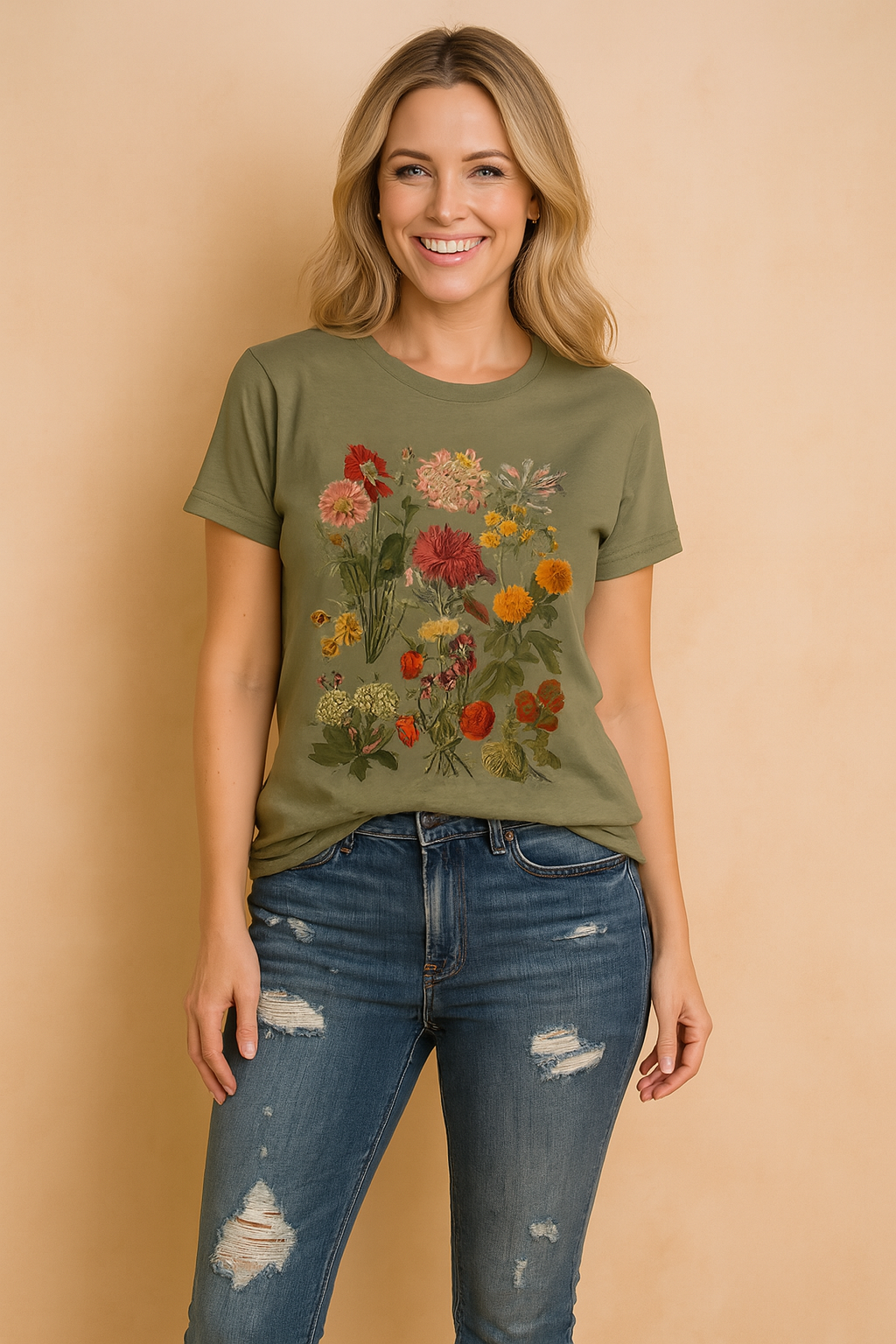 Bær | Dame T-Shirt Med Print - Botanisk Blomsterdesign i Blødt Bomuld | Løs Pasform til Sommerkomfort 1