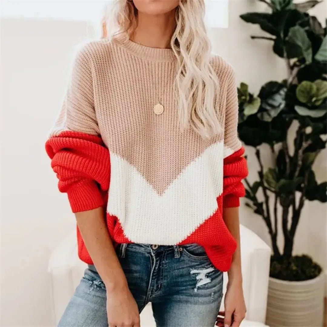 Color-Block Dame Sweater med Rund Hals og Løs Pasform | Komfortabel Trøje til Hverdag 6