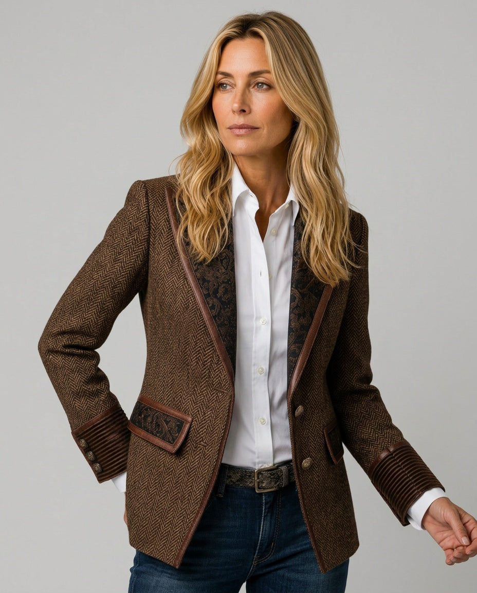 Herringbone Blazer Women – Long Sleeve Panel Tailored Jacket