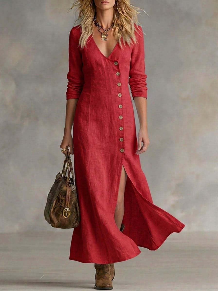 Linen Maxi Dress Women V-Neck – Button Front Boho Summer Dress