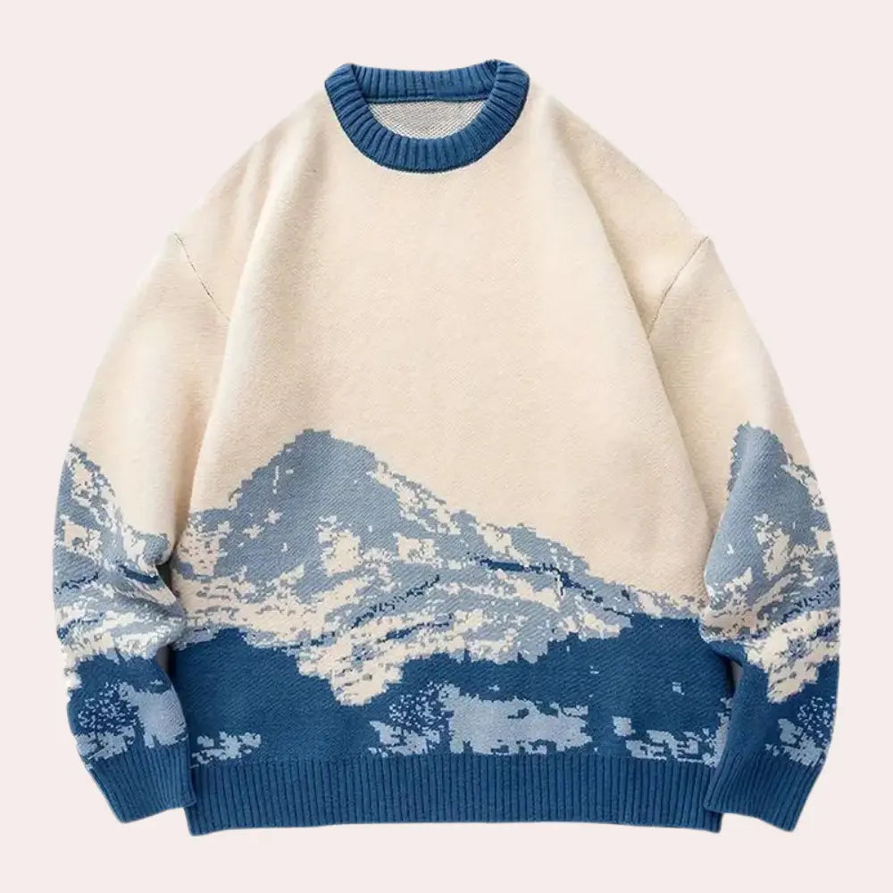 Oskar | Sweater Herre – Bjergmotiv, Løs Pasform & Let Komfort