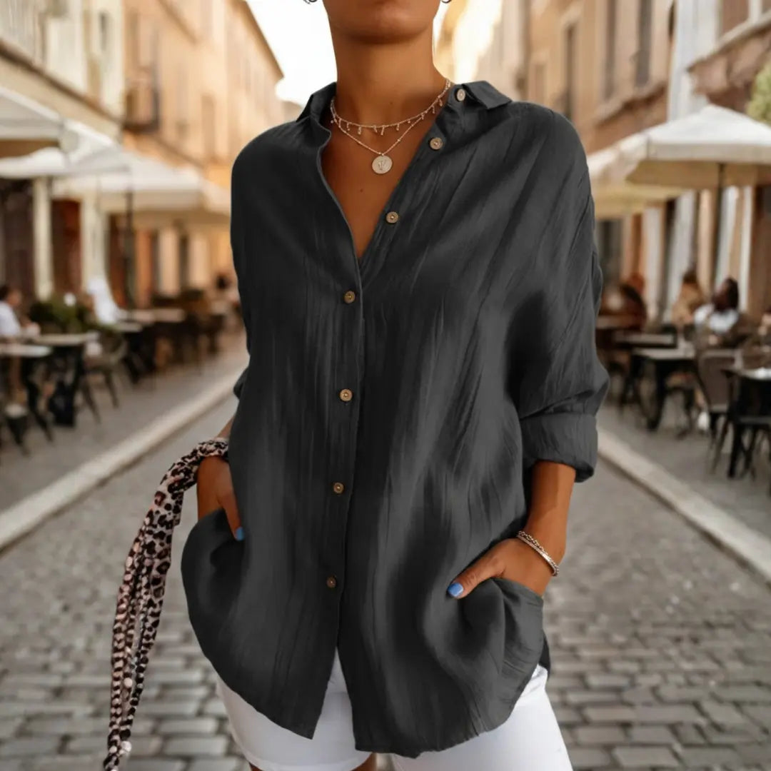 Skjorte dame oversize muslin spidskrave sidelommer justerbare manchetter sommer Panorla