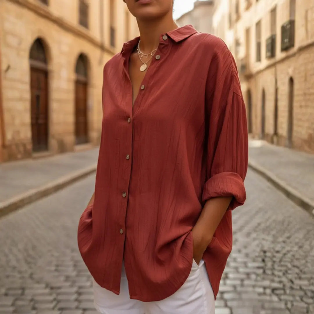 Skjorte dame oversize muslin spidskrave sidelommer justerbare manchetter sommer Panorla