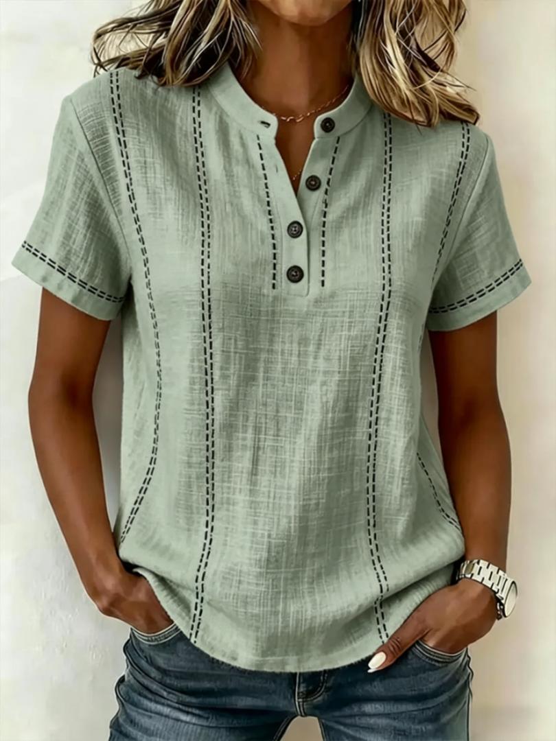 Linned Top Dame Knaphals – Korte Ærmer Sommerbluse