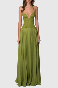 Maxi dress women olive green halterneck lace pleated for party and wedding