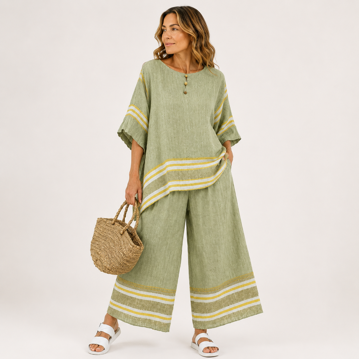 Linen Two Piece Set Women – Striped Wide-Leg Pants & Top