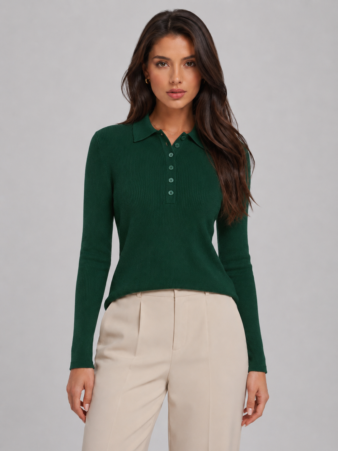 Ribstrik Polo Top Dame – Krave med Knaplukning