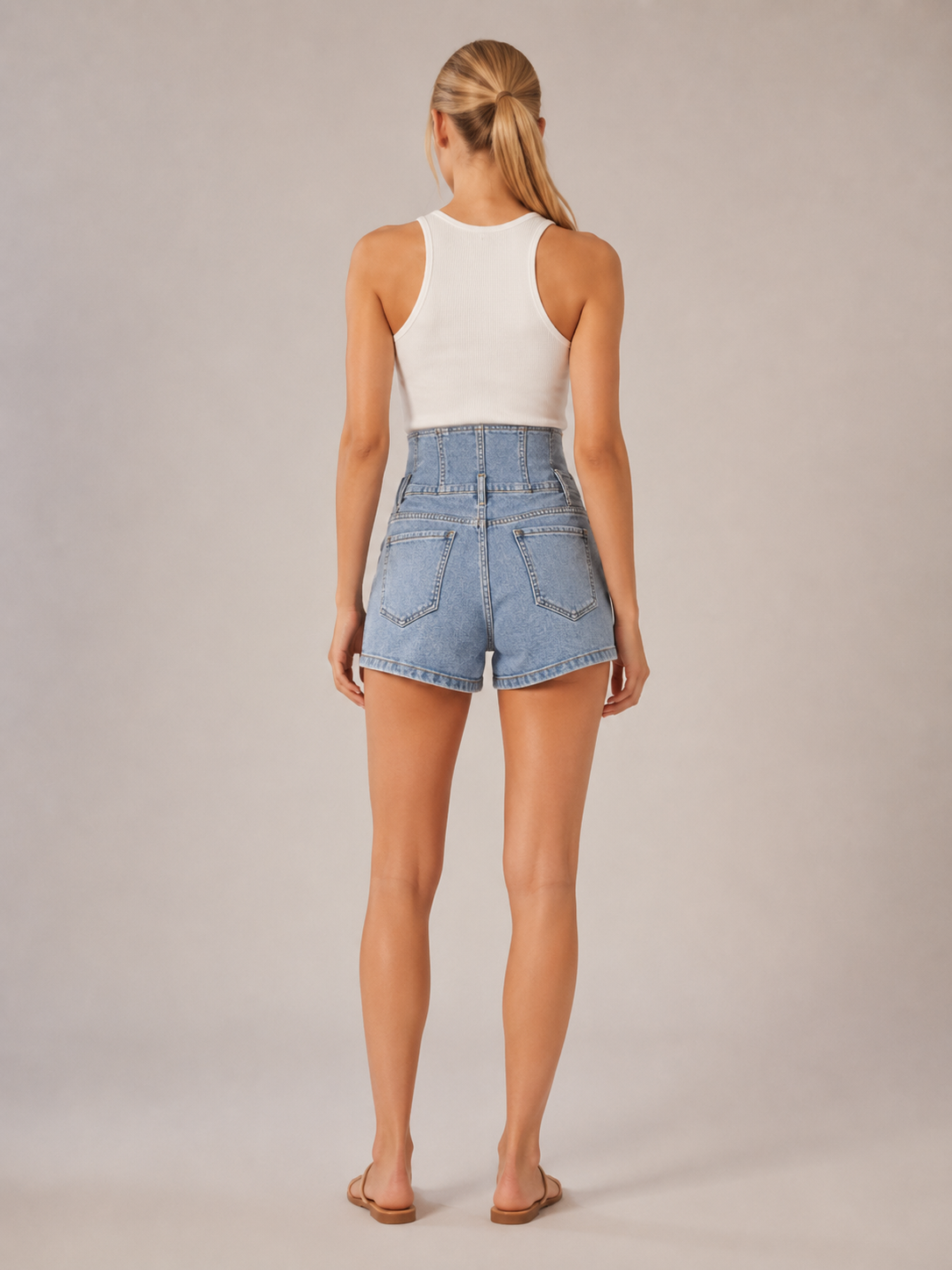 Denimshorts Dame Ekstra Højtaljede – V-Talje med Knap