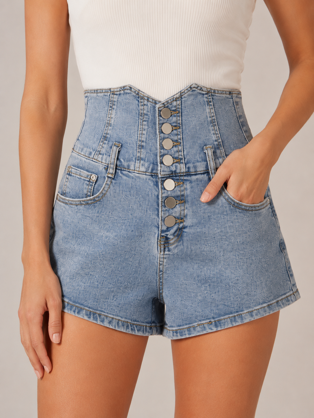 Denimshorts Dame Ekstra Højtaljede – V-Talje med Knap
