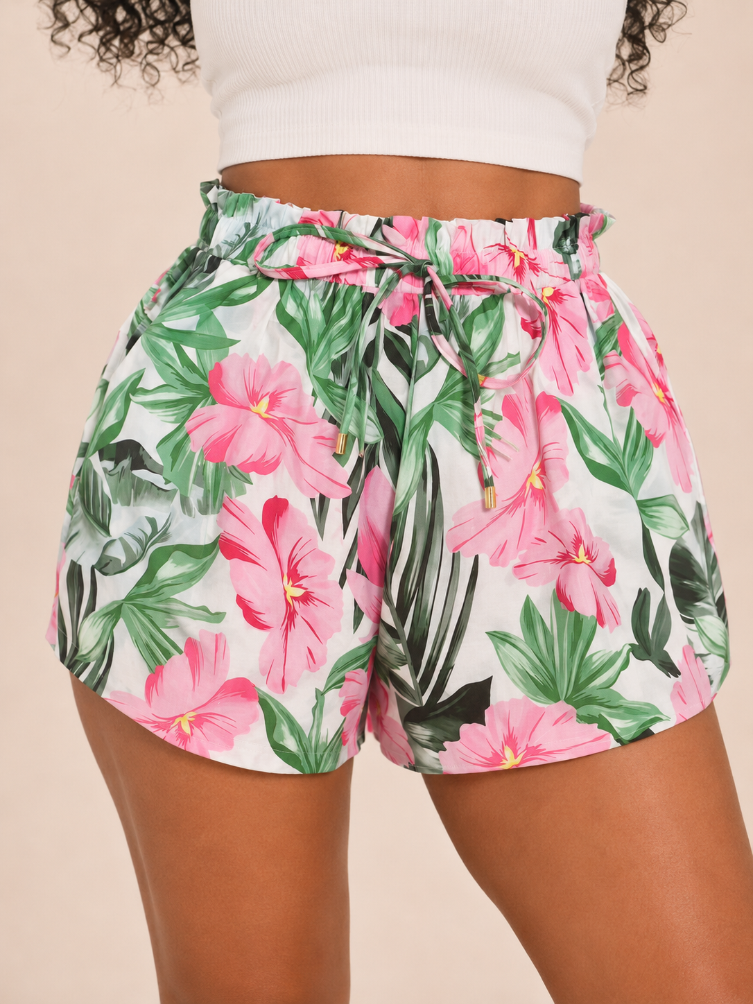 Højtaljede Blomstrede Shorts Dame – med Bindebånd i Taljen