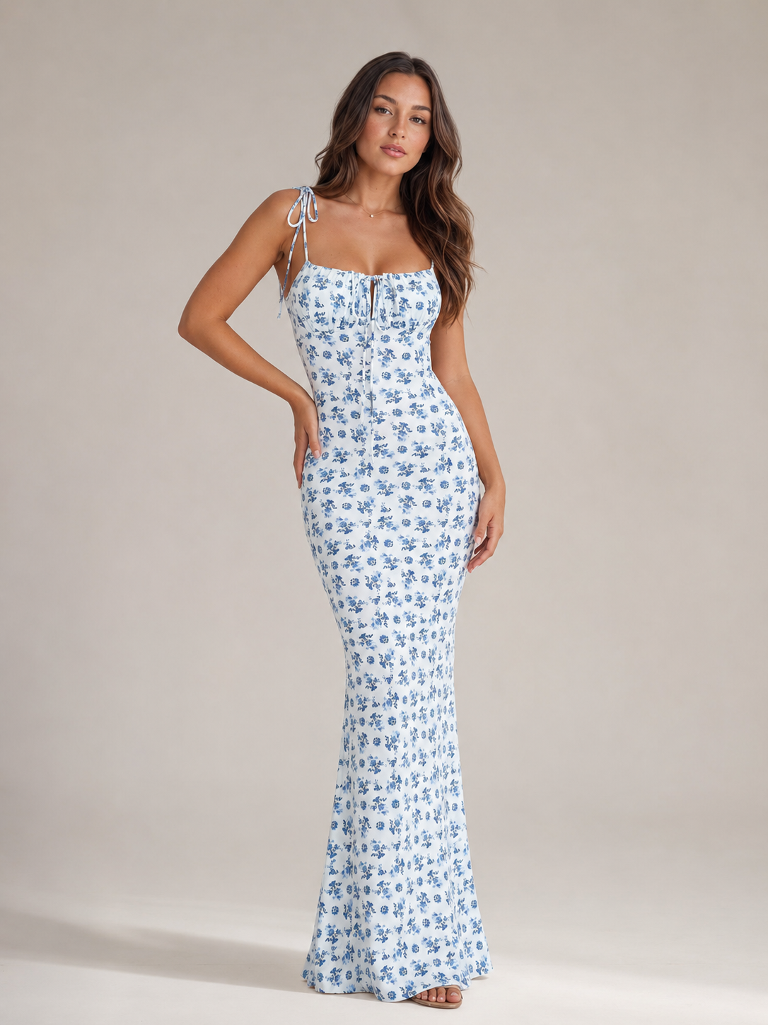 Floral Maxi Dress Women – Sweetheart Neckline Bow Detail