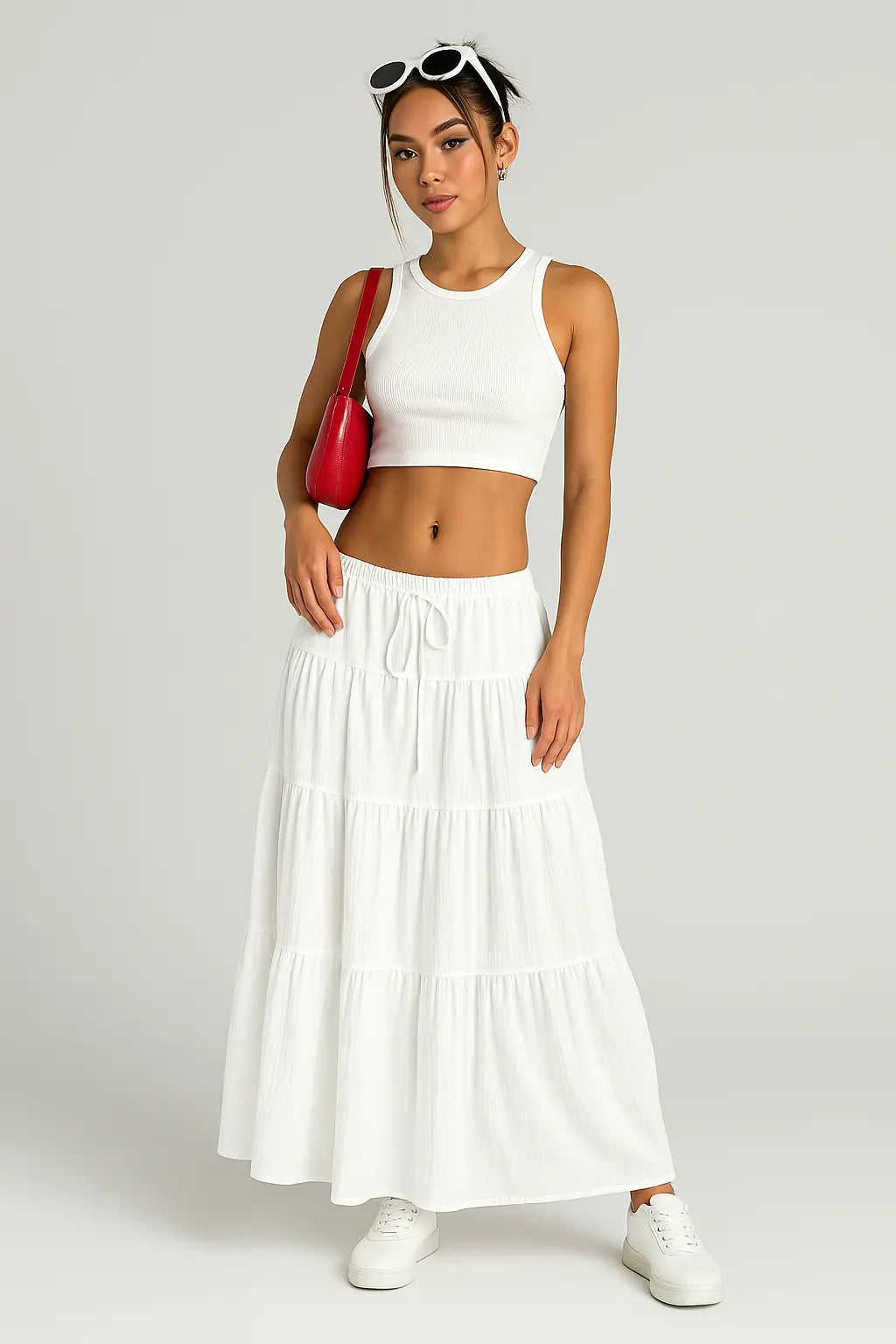 Maxi Nederdel i Bomuldsmix med Lagdelt Design | Fleksibel Pasform til Sommer 1