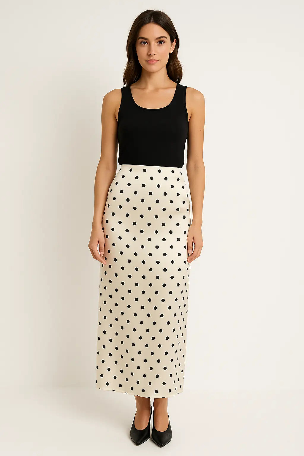 Elegant Midi Nederdel | Prikket Satin med Figursyet Silhuet til Kvinder - Perfekt til Kontor og Fest 1