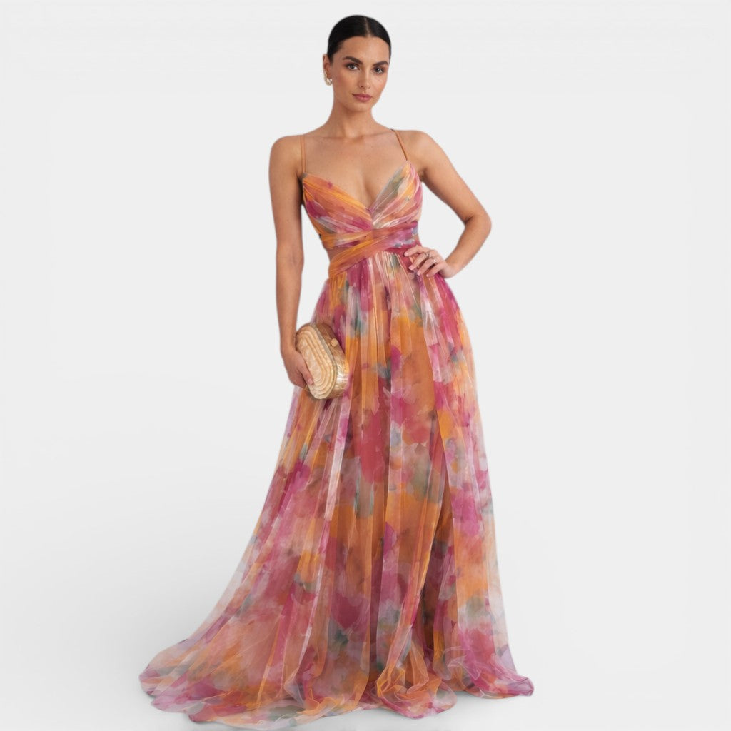 Women's Floral Maxi Dress – Flowy Chiffon Wedding Guest Dress | Spaghetti Strap Formal Gown, Multicolour