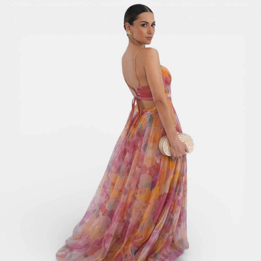Women's Floral Maxi Dress – Flowy Chiffon Wedding Guest Dress | Spaghetti Strap Formal Gown, Multicolour