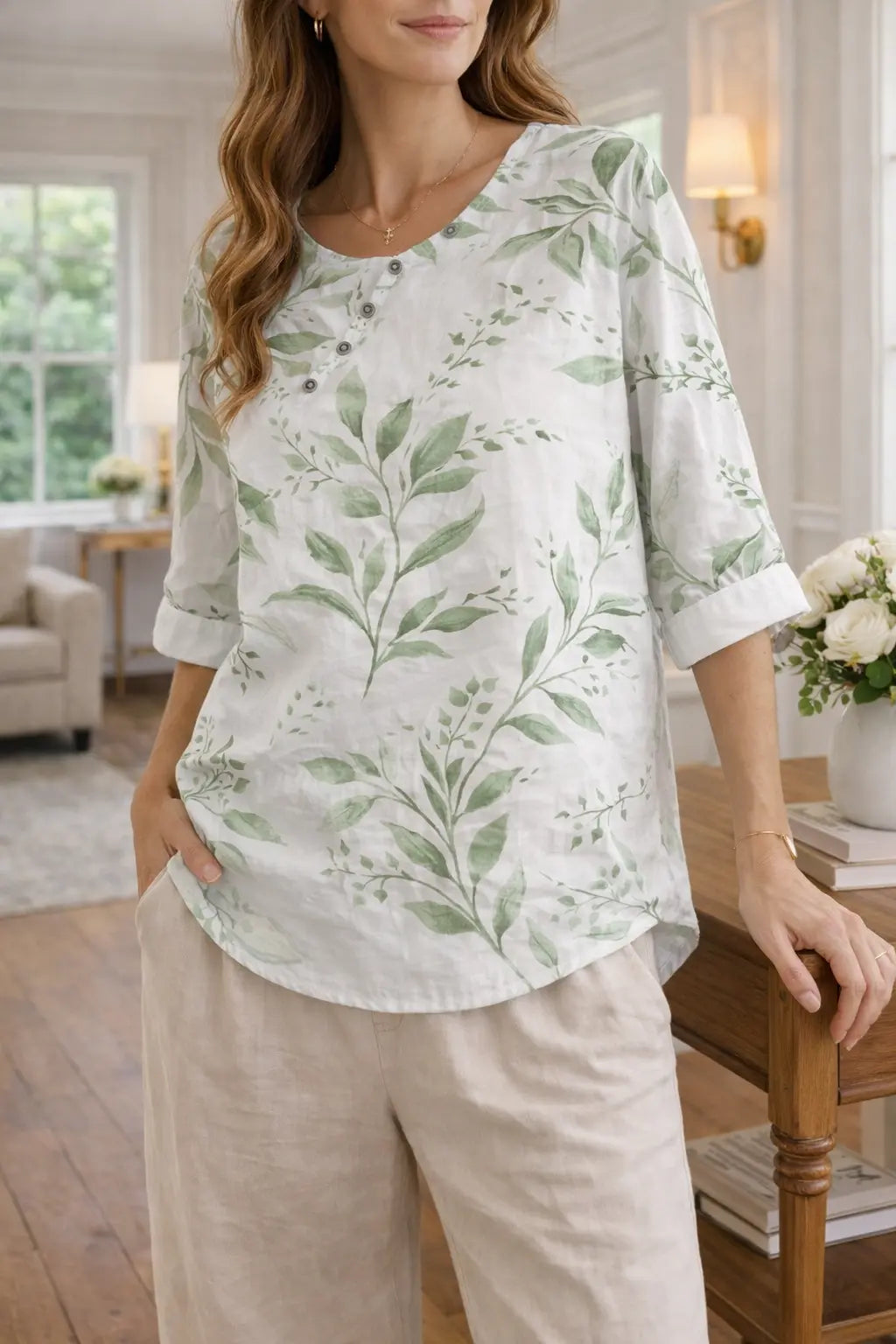 Bluse dame botanisk blomsterprint knapkrave bomuldsblanding relaxed hverdag sommer Panorla